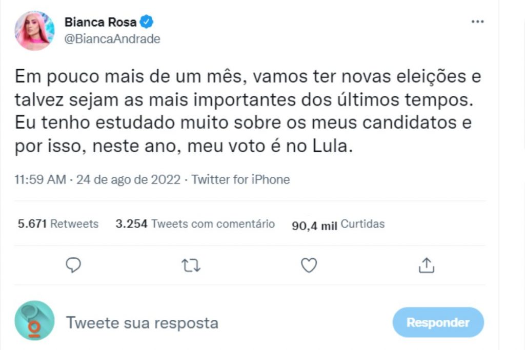 bianca andrade/boca rosa anunciando voto em lula no twitter