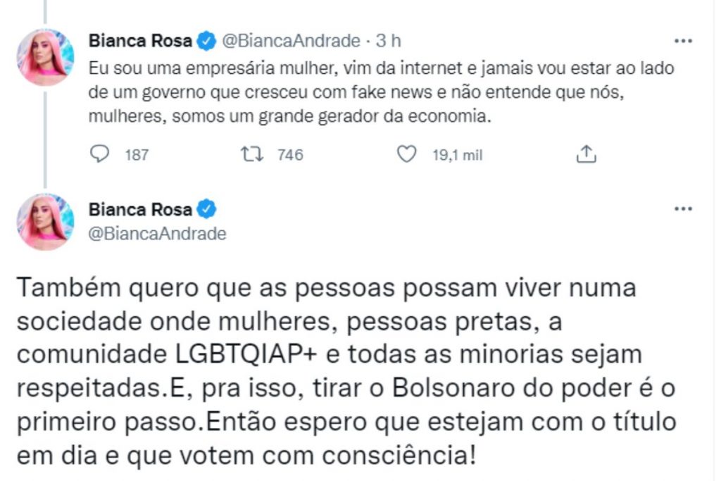 bianca andrade/boca rosa explicando voto em lula no twitter