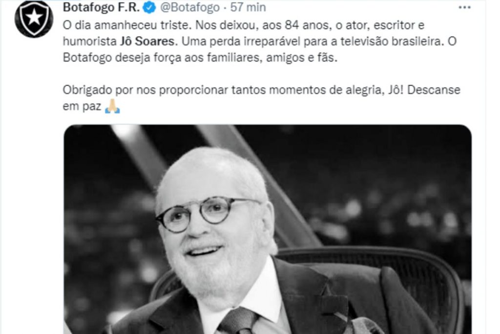 Print do post do Botafogo sobre a morte do Jô Soares