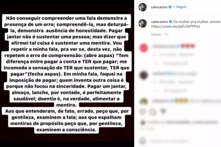 Caio Castro rebate críticas em postagem no Instagram