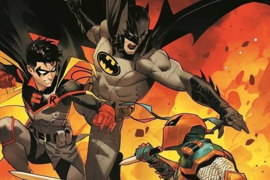 cena dos quadrinhos com batman e damian wayner lutando contra o exterminador