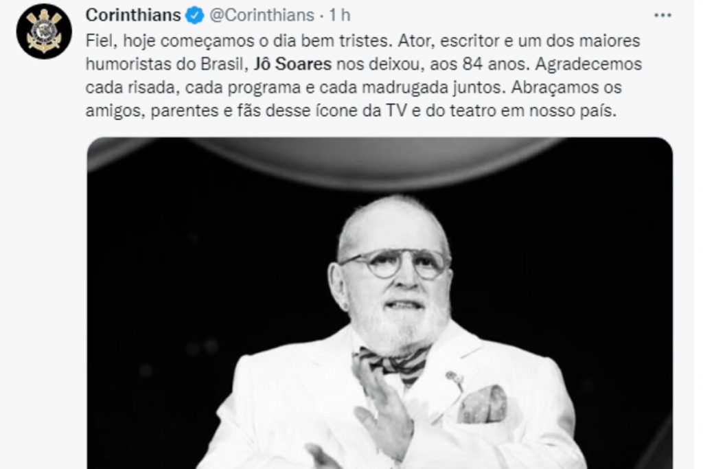 Print do post do Corinthians sobre a morte do Jô Soares