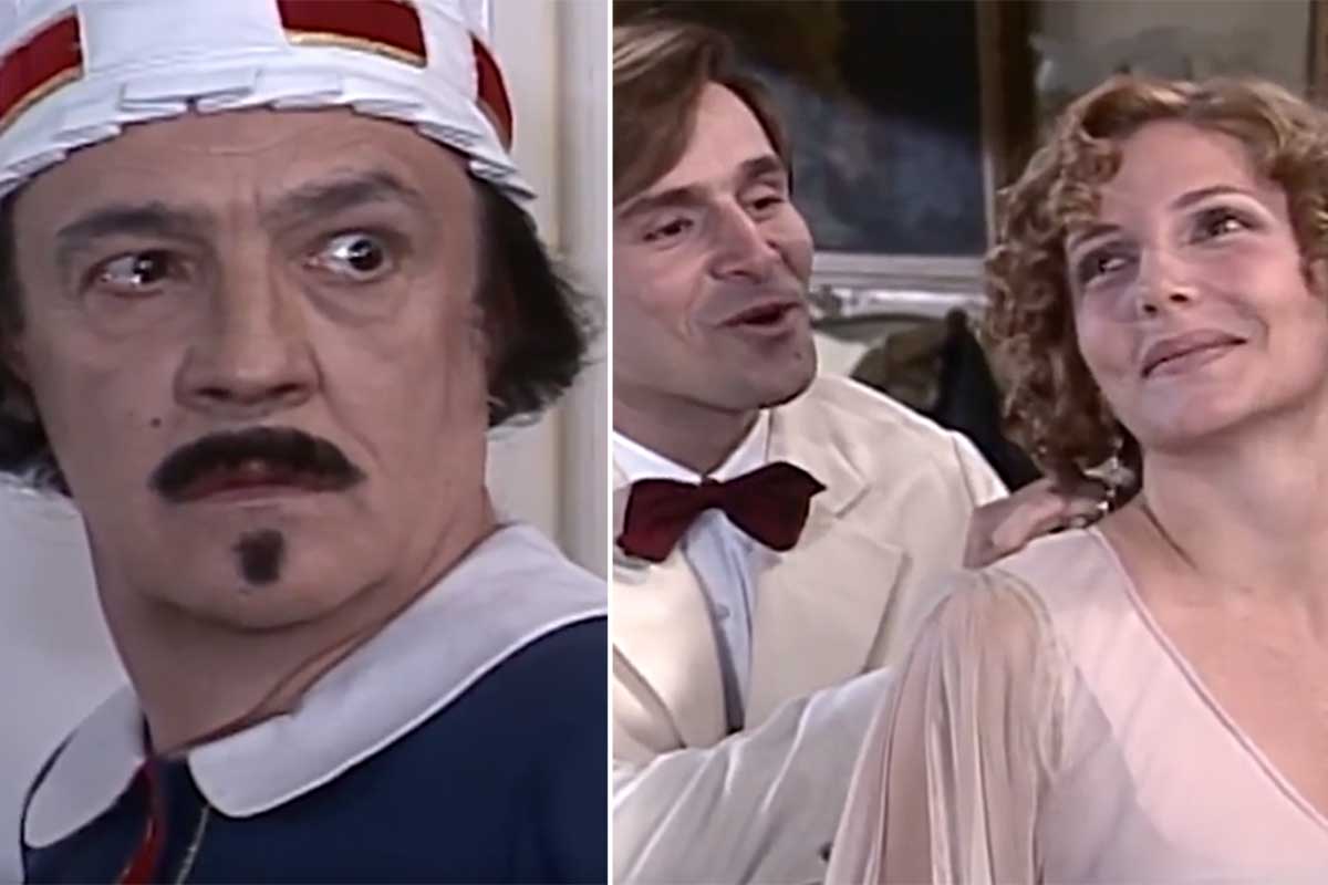 Cornélio (Ney Latorraca) se disfarça de arrumadeira e flagra Dinorá (Maria Padilha) com Celso (Murilo Rosa) no quarto de hotel em O Cravo e a Rosa