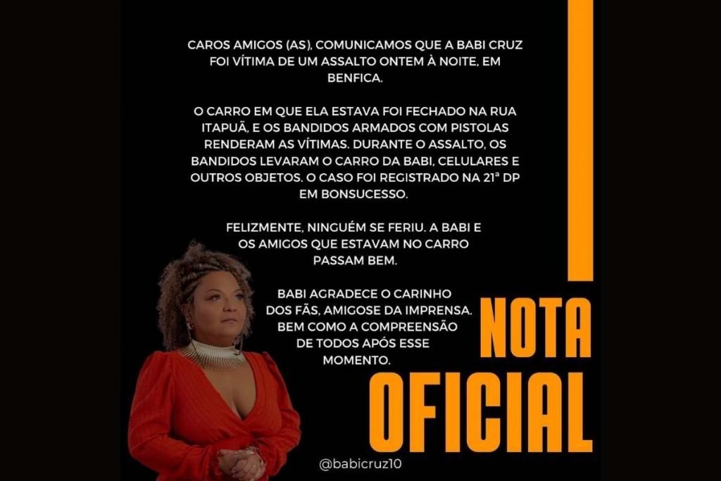 Comunicado oficial assalto Babi Cruz