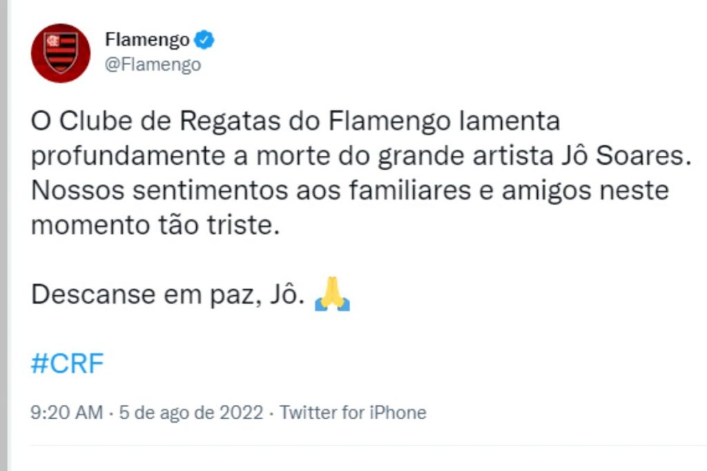 Print do post do Flamengo sobre a morte do Jô Soares