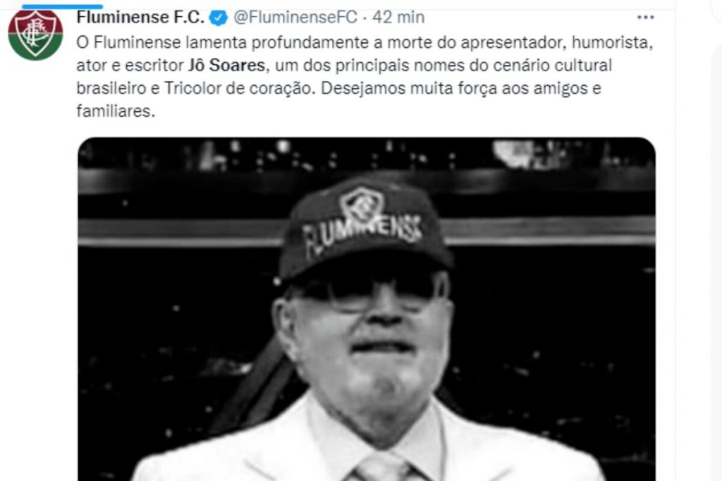 Print do post do Fluminense sobre a morte do Jô Soares