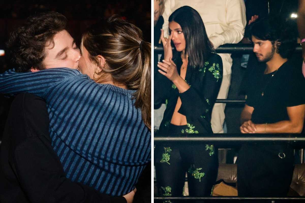 Fotomontagem de Sasha Meneghel e João Figueiredo se beijando e Bruna Marquezine emocionada em show de Priscilla Alcantara