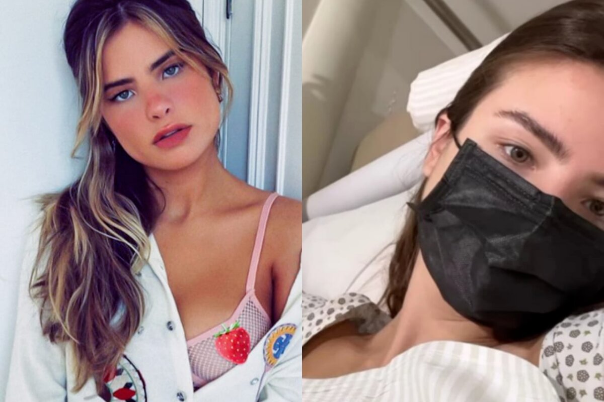 Imagem dividida: Giulia Be sensualizando, mostrando parte do sutiã - Giulia Be na cama do hospital, de máscara de proteção preta