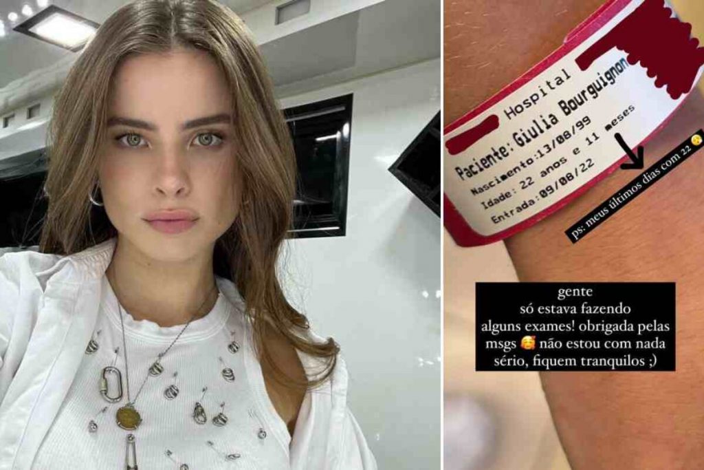 Giulia Be de branco, cabelos soltos - punho da cantora com identificação do hospital