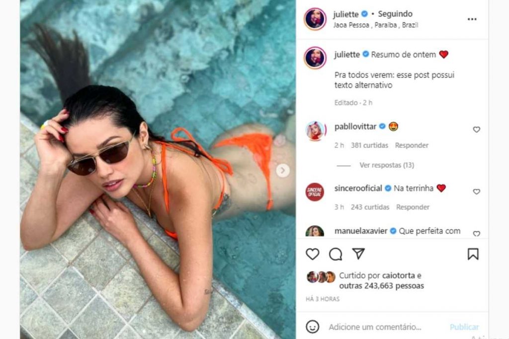 juliette freire fazendo carão na piscina de biquíni no instagram