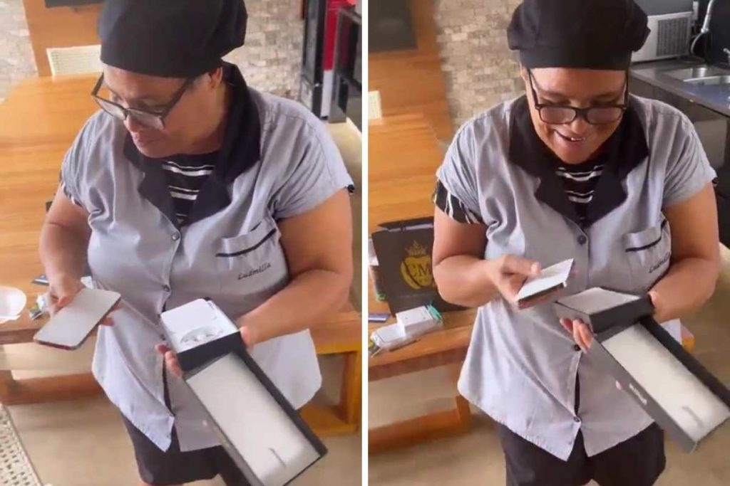 Marinete recebendo o iPhone 13