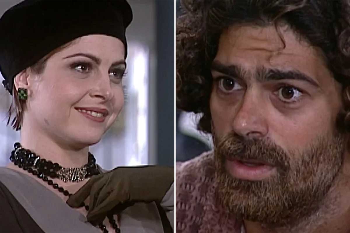 Fotomontagem Marcela (Drica Moraes) e Petruchio (Eduardo Moscovis) em cena de O Cravo e a Rosa