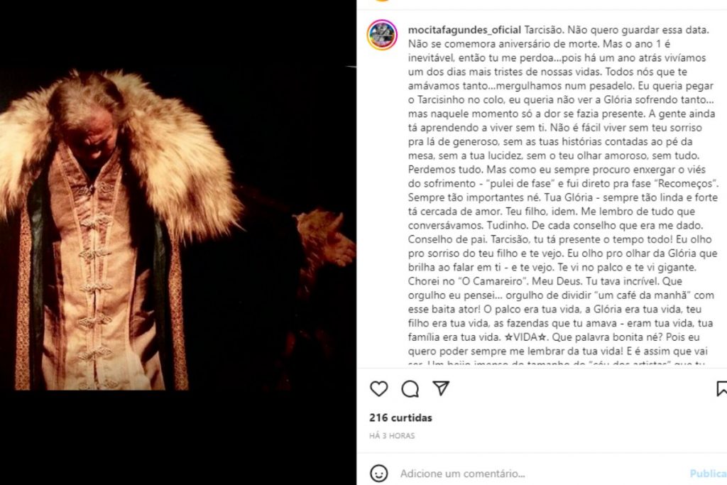 Postagem de Mocita Fagundes sobre 1 ano da morte de Tarcísio Meira
