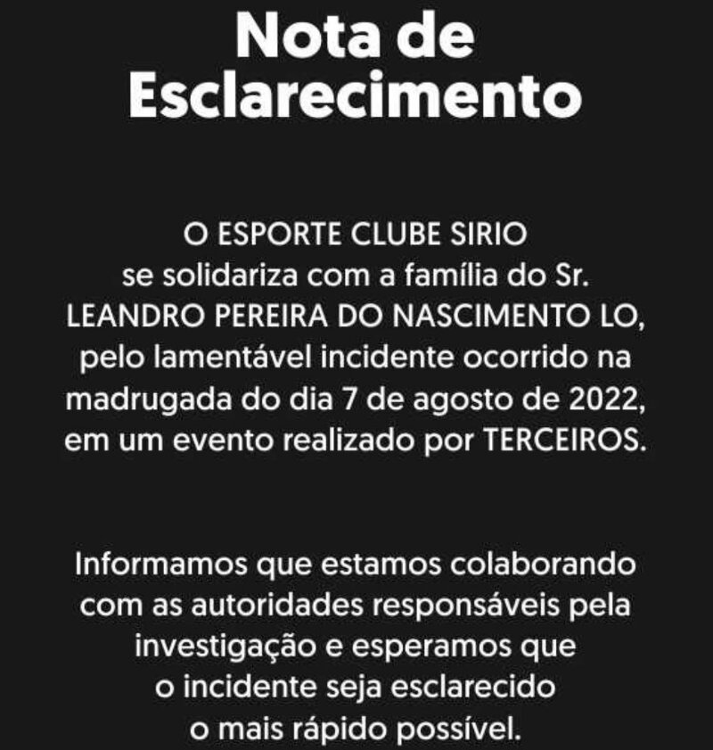 Nota de esclarecimento do Clube Sírio sobre morte do lutador Leandro Lo