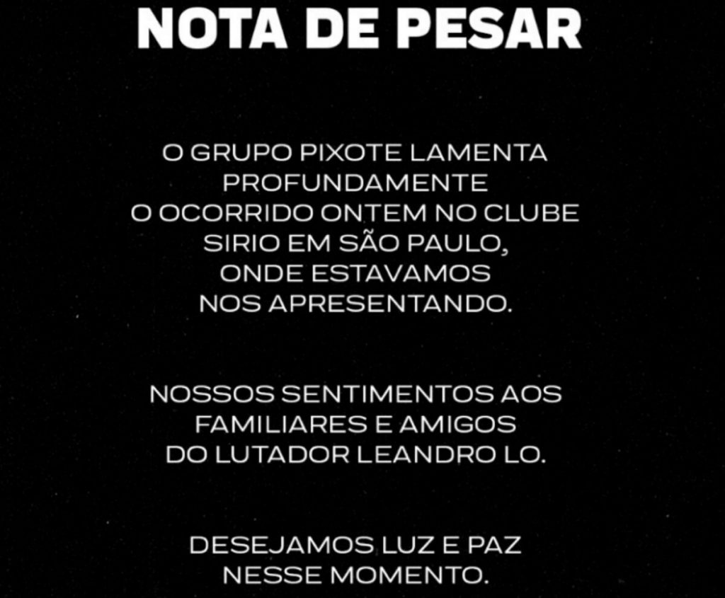 Nota de pesar do Grupo Pixote sobre morte do lutador Leandro Lo