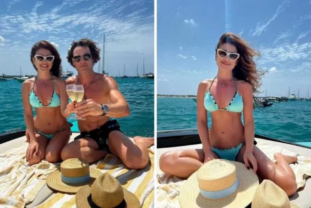 Fotomontagem Paula Fernandes e namorado durante passeio de barco