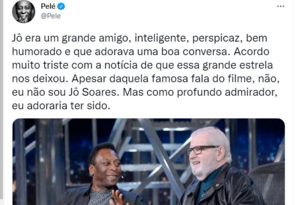 Print de postagem de Pelé no Twitter, sobre a morte de Jô Soares 