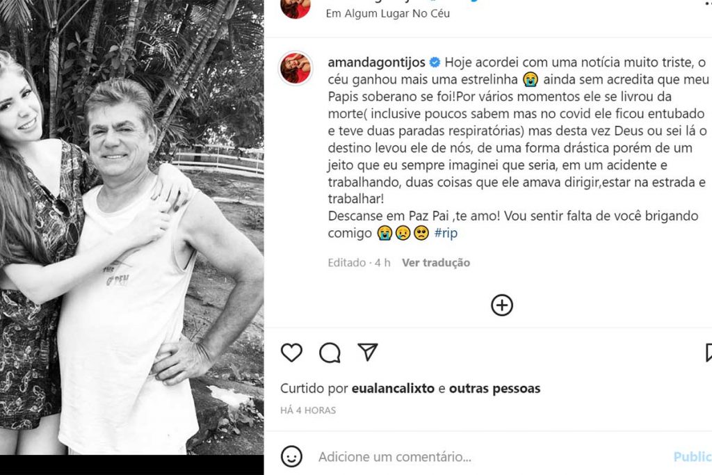 Post de Amanda Gontijo sobre a morte trágica do pai
