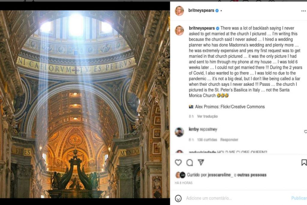 Post de Britney Spears da Basílica de San Pietro, na Itália