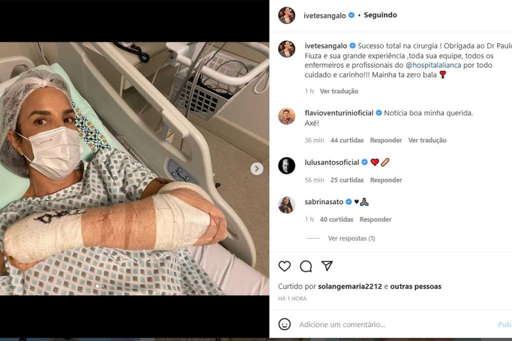 Post de Ivete Sangalo contando sobre sua cirurgia no braço esquerdo