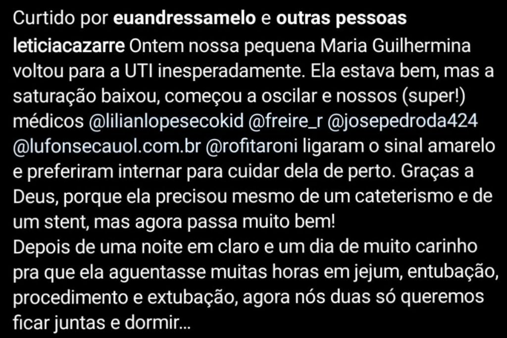 Leticia Cazarre postou sobre estado de saúde da filha