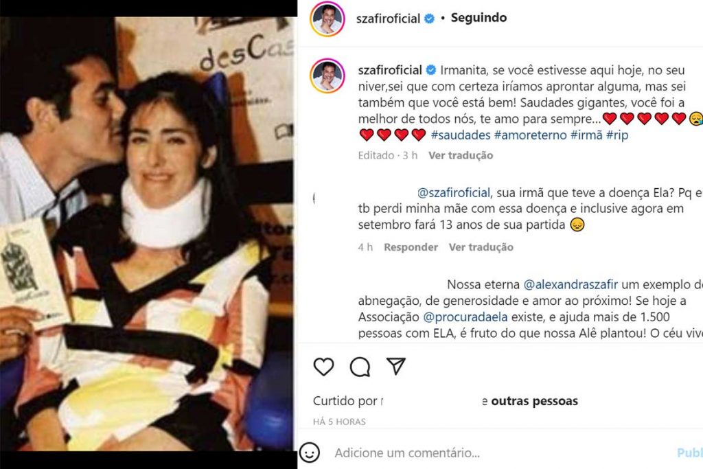 Post de Luciano Szafir em homenagem à irmã, dando um beijo em seu rosto