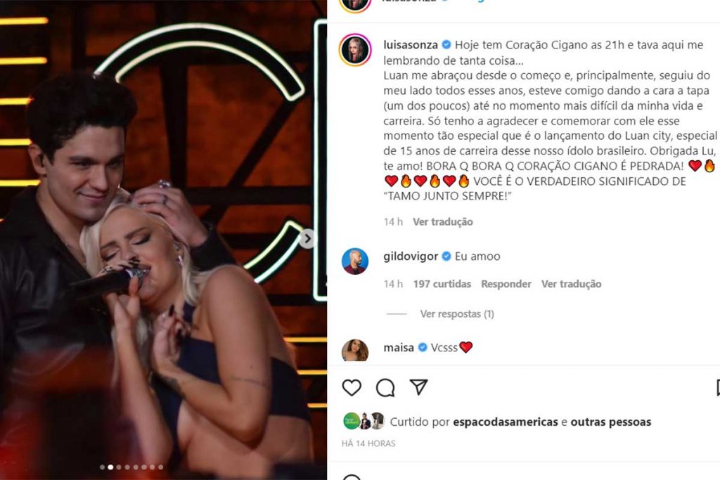 Post de Luísa Sonza sobre o lançamento de Coração Cigano, com Luan Santana