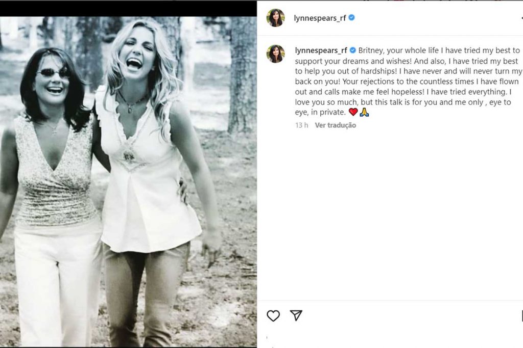 Post da mãe de Britney Spears falando sobre atuais declarações da filha 