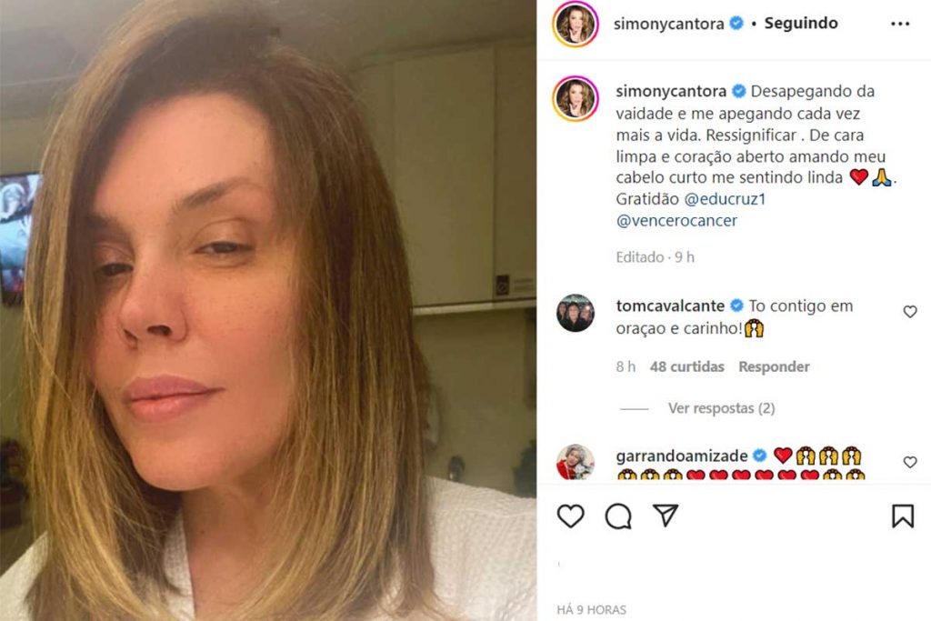 Post de Simony, com cabelos mais curtos, após iniciar as sessões de quimioterapia