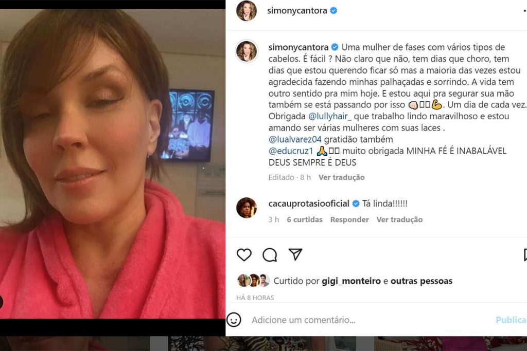 Post de Simony sobre os cabelos e tratamento contra o câncer