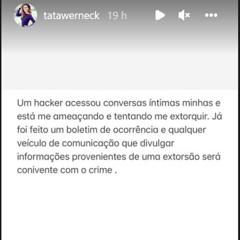 Post de Tatá Werneck sobre hackers que invadiram conversas pessoais da atriz