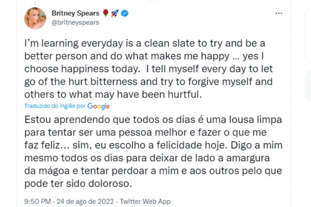 Postagem de Britney Spears sobre perdão no Twitter 