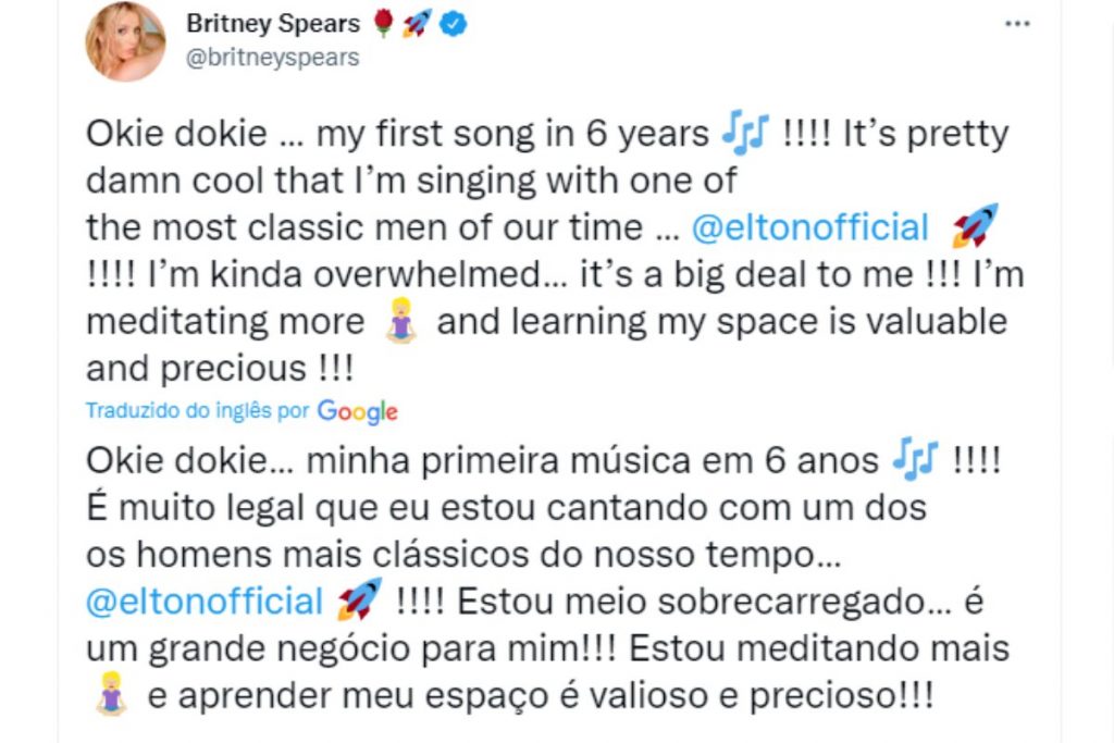 Postagem de Britney Spears no Twitter falando sobre parceria com Elton John e cansaço