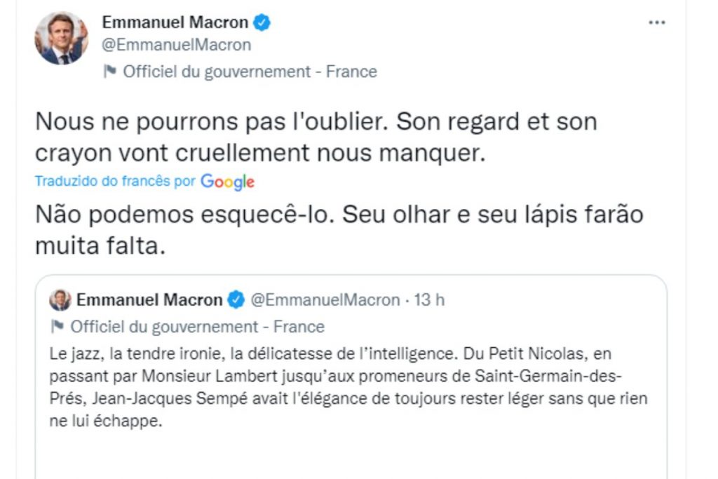 Postagem do presidente da França sobre morte de Jean Jacques Sempé
