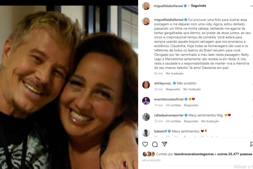 Postagem de Miguel Falabella sobre a morte de Claudia Jimenez