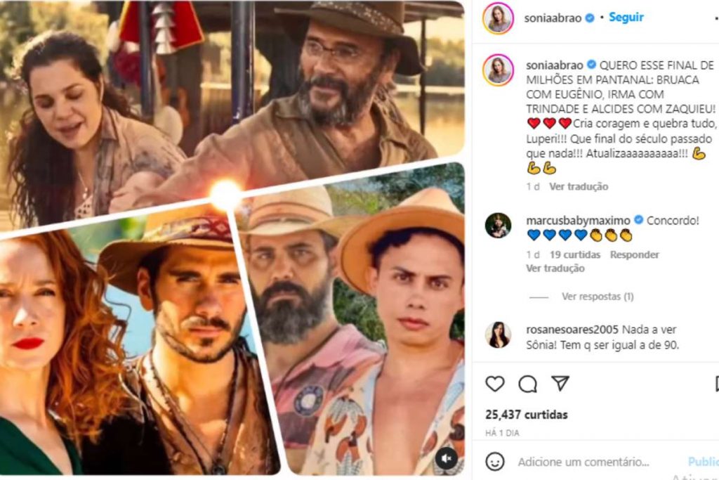 postagem de sonia abrão no instagram mandando mudar finais de casais em pantanal