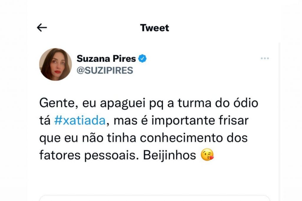 Postagem de Suzana Pires sobre Rafa Kalimann e Debora Nascimento