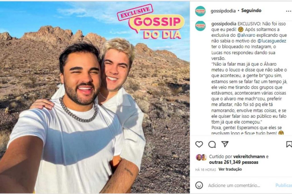 Lucas Guedez se pronunciando sobre briga com Álvaro no Instagram do Gossip do Dia
