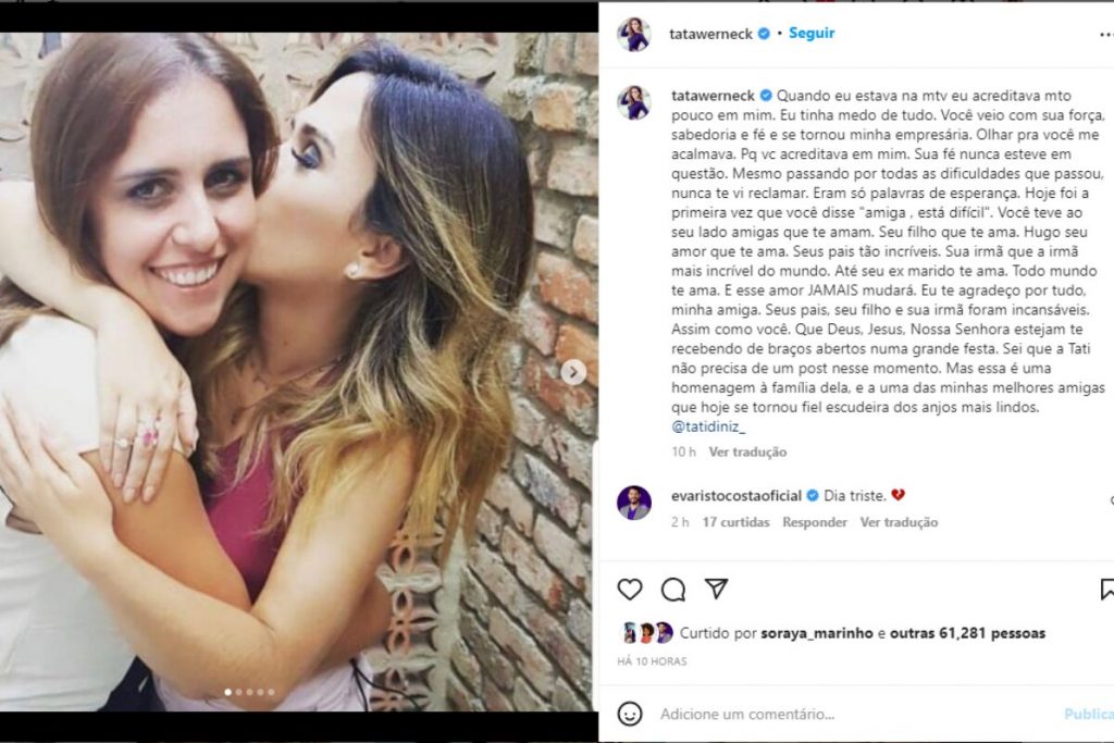 Print postagem de Tatá Werneck sobre morte de Tati Diniz