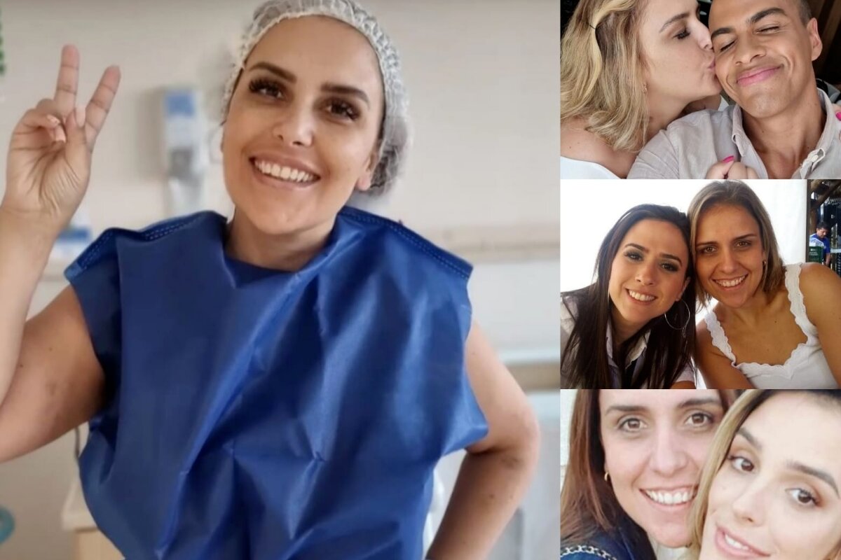 Empresária Tati Diniz de roupão azul,de hospital, e touca branca - ela abraçada a Thiago Oliveira, Tatá Werneck e Rafa Brites