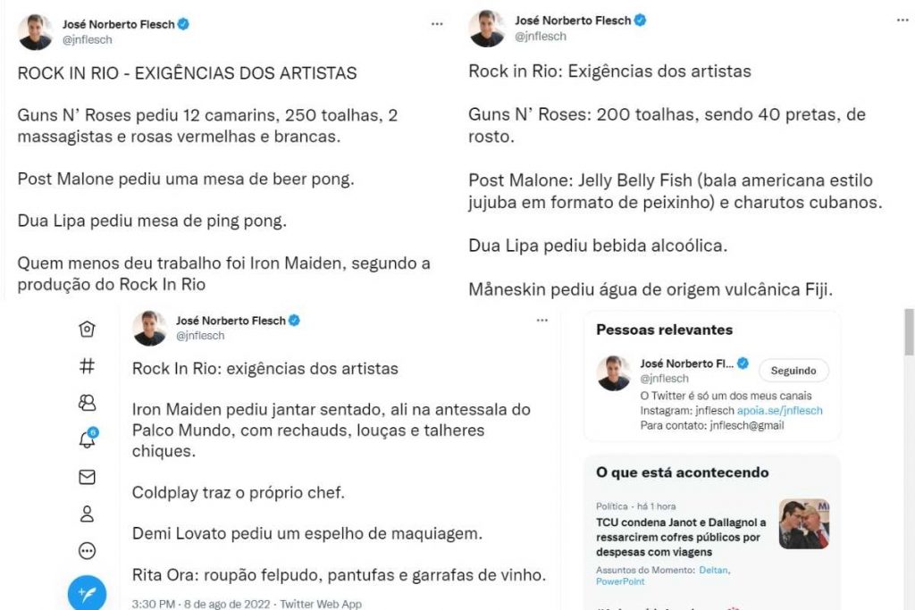 tuites de josé norberto flesch revelando exigências dos artistas para o rock in rio