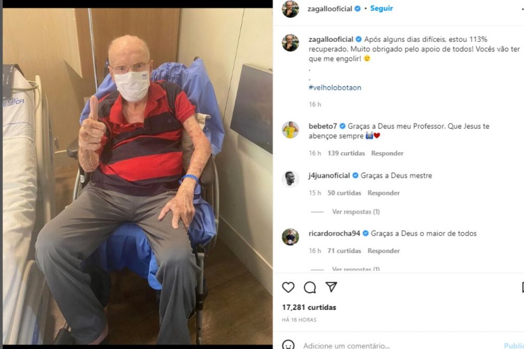 Print da postagem de Zagallo comemorando a alta hospitalar