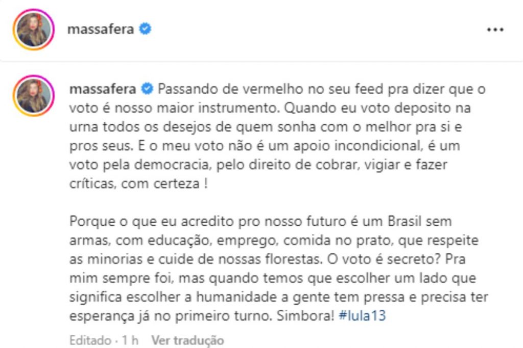 Grazi Massafera apoio a Lula