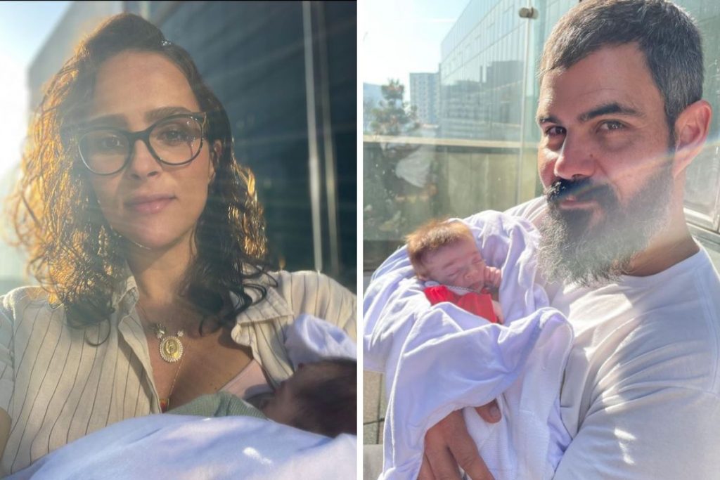 Letícia e Juliano Cazarré, em fotomontagem onde seguram a filha, Maria Guilhermina