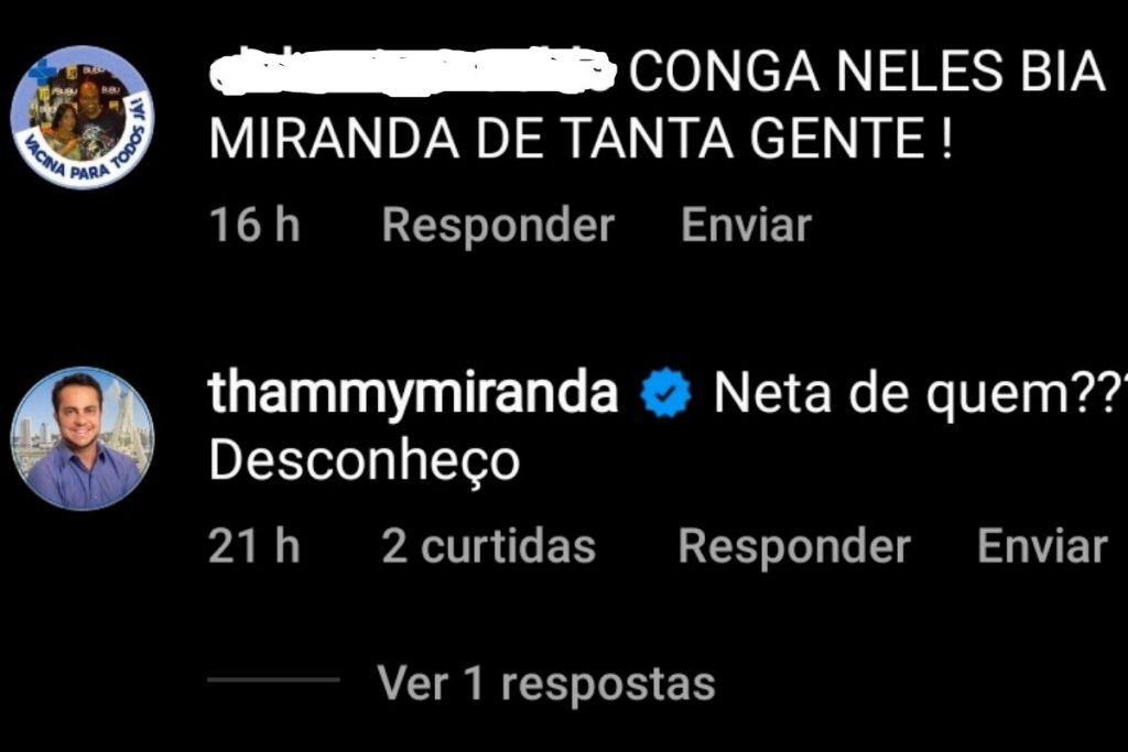 Postagem de Thammy Miranda questionando parentesco de Bia Miranda