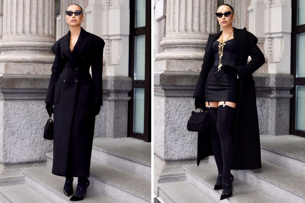 Sabrina Sato no Fashion Week Milão, com look preto cheio de estilo