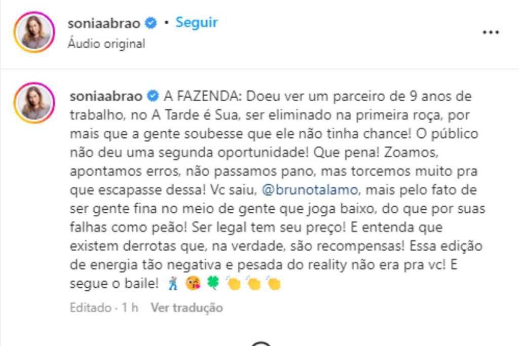 Sonia Abrão post Bruno Tálamo