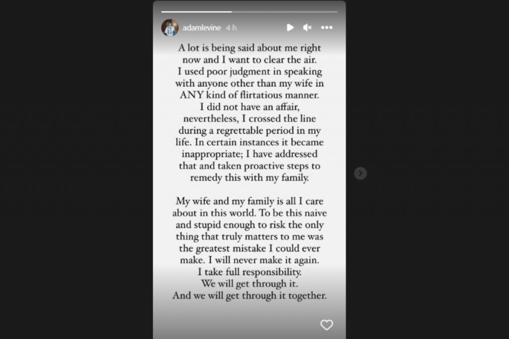 Stories de Adam Levine se pronunciando das acusações no Instagram