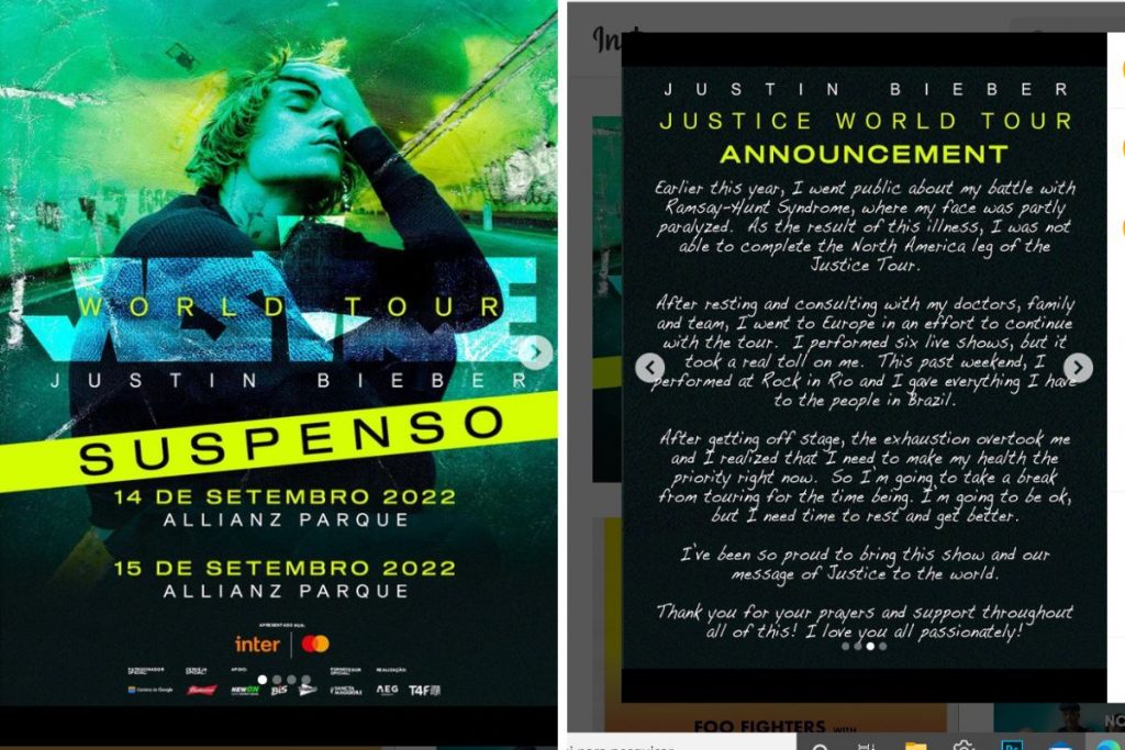 Texto escrito por Justin Bieber, cancelando shows em São Paulo