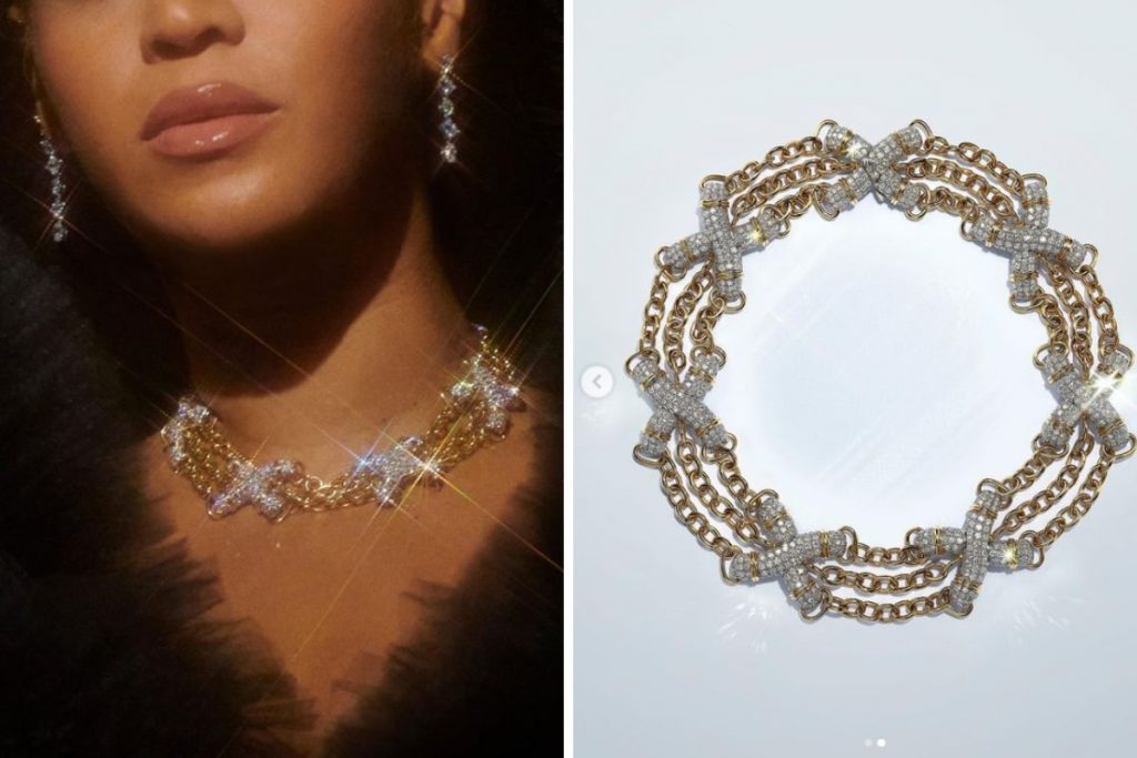 Fotomontagem de Beyoncé com colar da grife Tiffany, cravejado com 755 diamantes